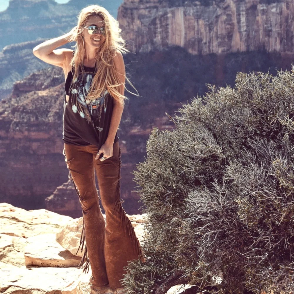 SHORT LENGTH High Waisted Fringe Bellbottoms in GOLDEN BROWN TIE DYE XS S M L XL - Picture 5 of 11